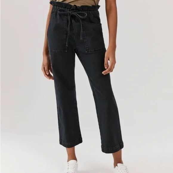 *NEW* SOMETHING NAVY AGNES PAPERBAG DENIM TROUSERS BLACK MEDIUM - Picture 2 of 14